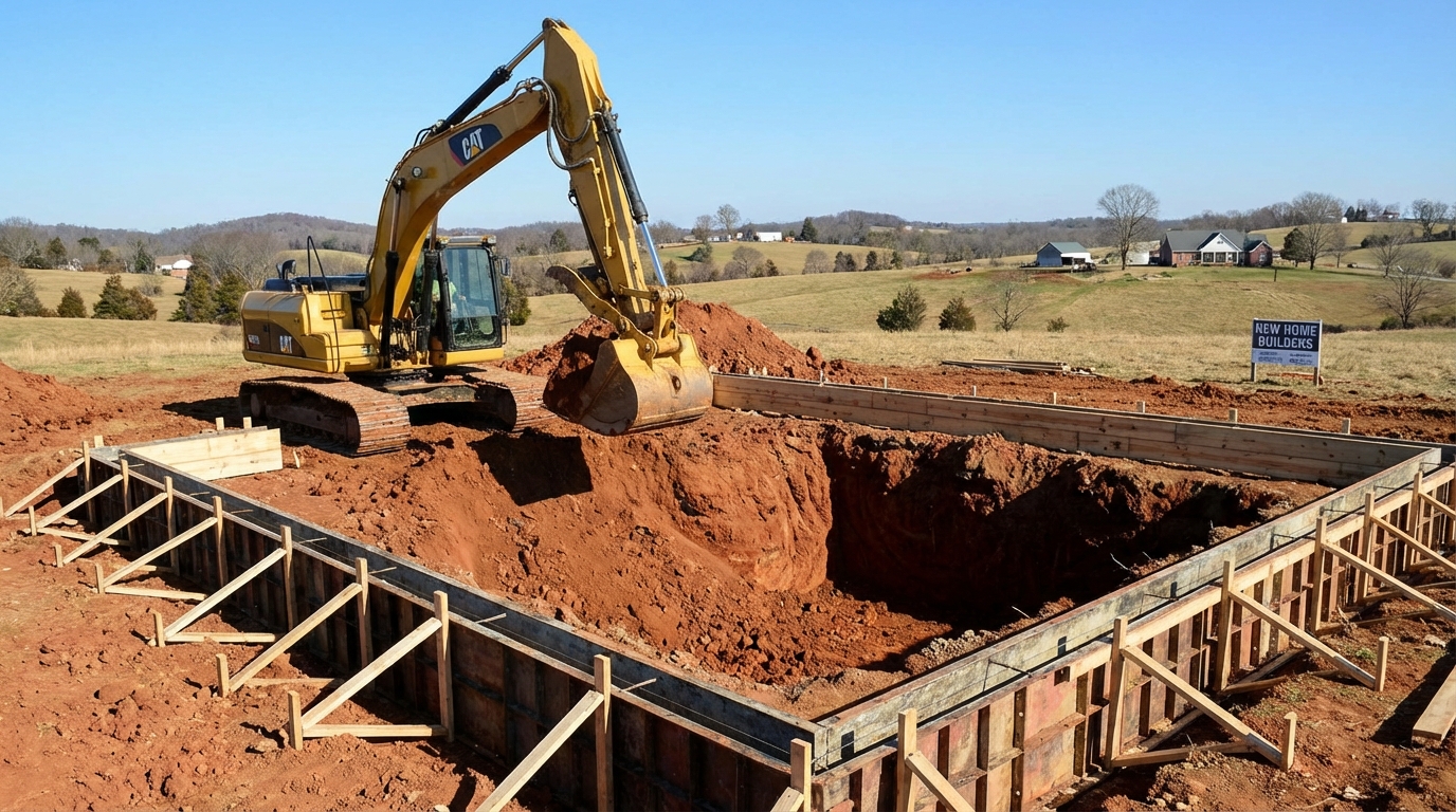 Excavator digging a basement foundation for a new home in Ohio