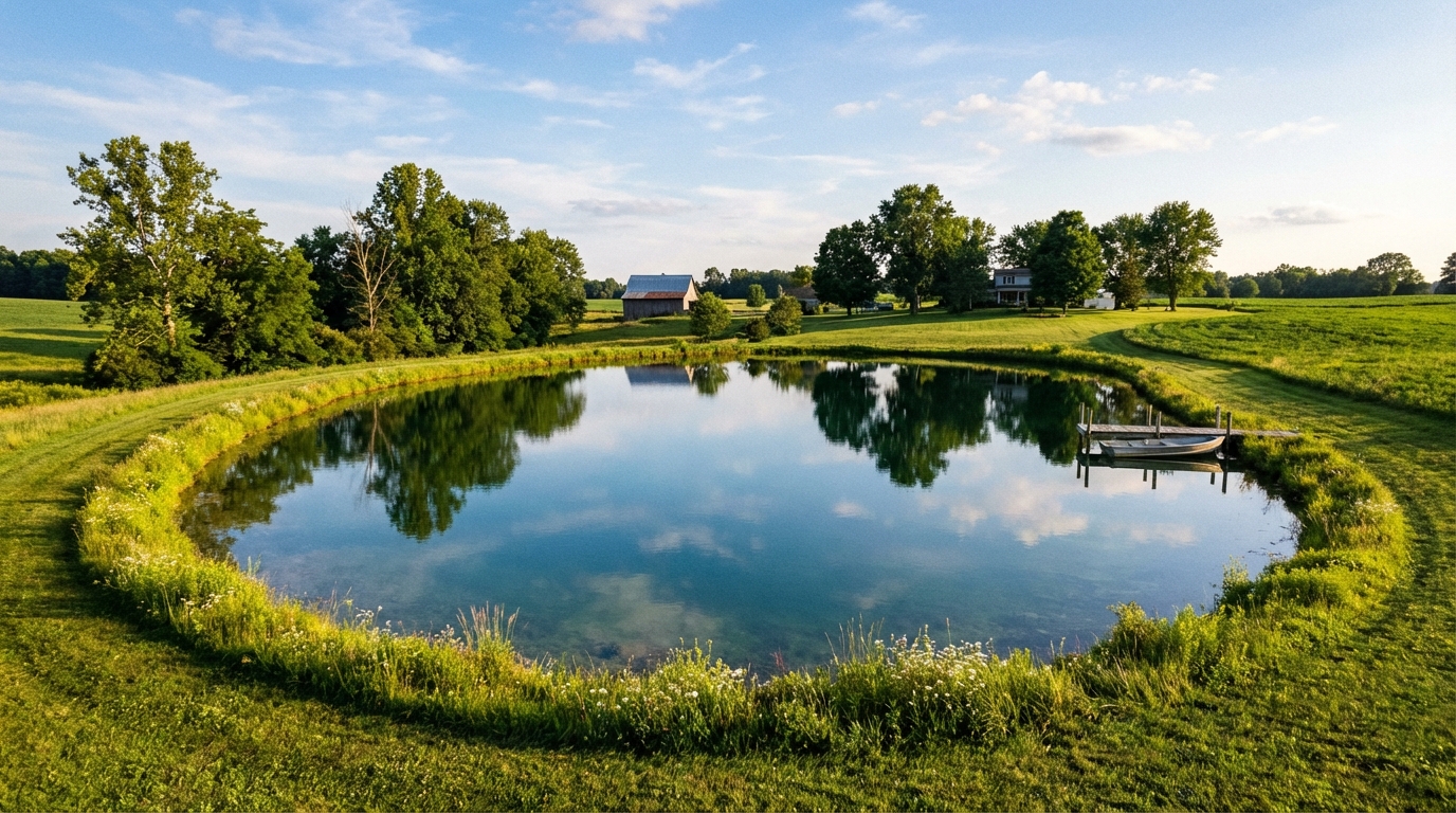 Beautiful finished farm pond surrounded by green grass and trees in rural Ohio
