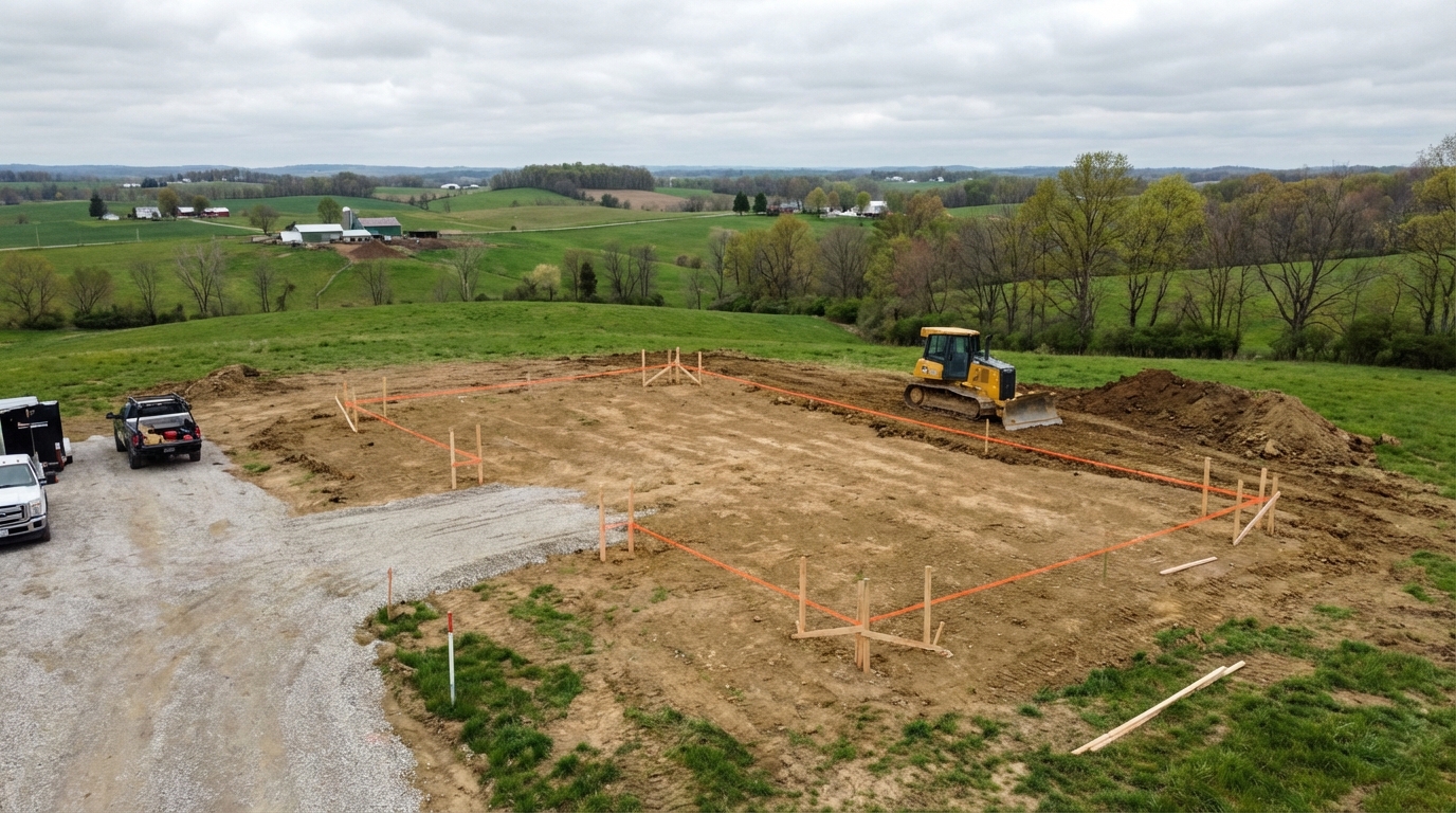 Building site being prepared with surveyor stakes and bulldozer on Ohio countryside