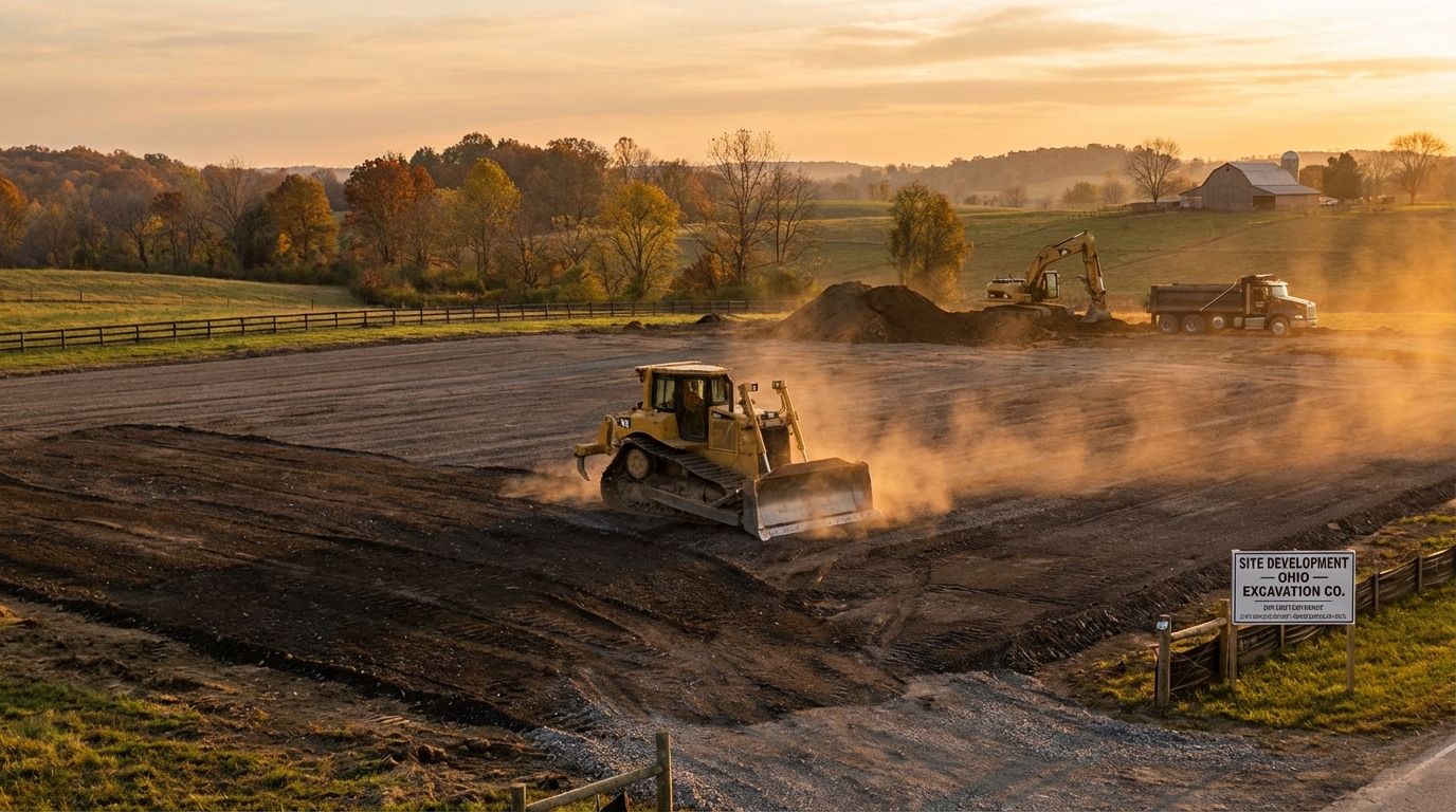 Bulldozer creating a level building pad on a construction site in Ohio