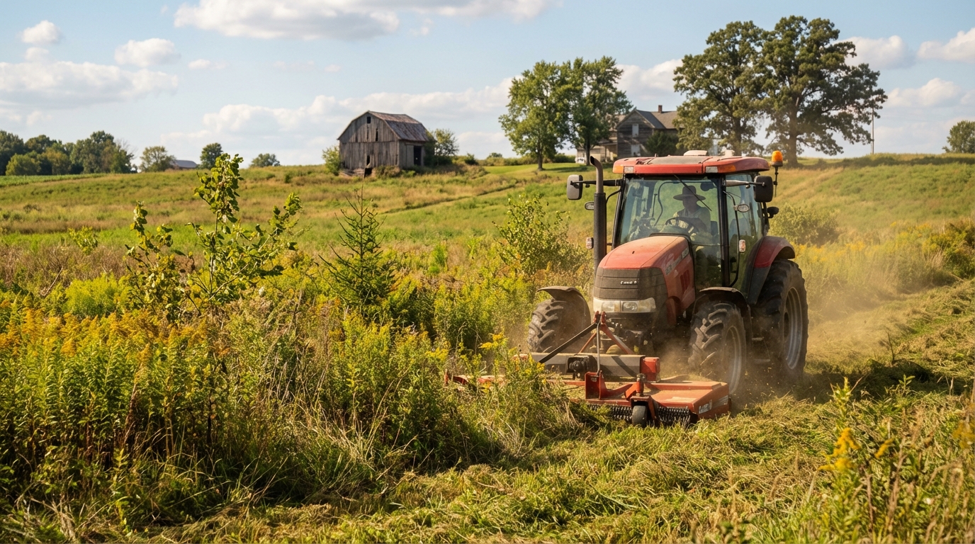 Tractor bush hogging an overgrown field in rural Ohio