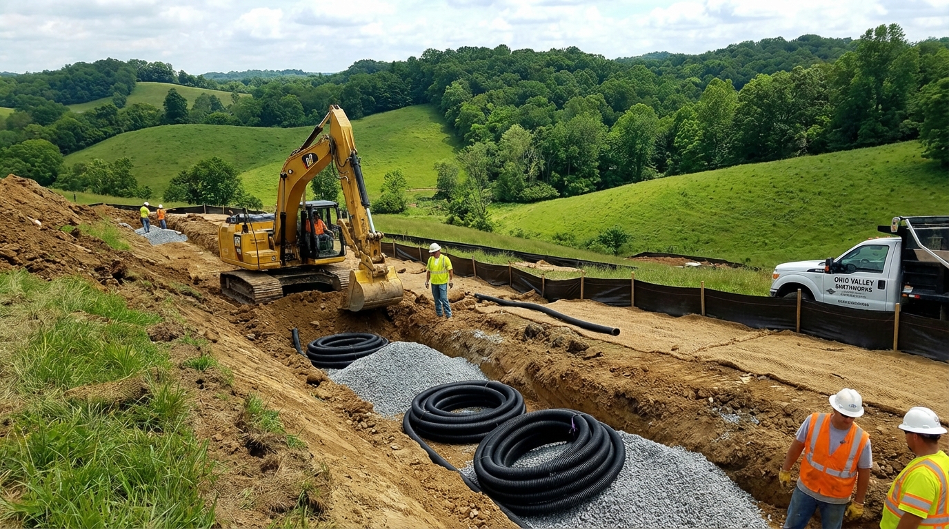 Excavator installing drainage system on a hillside in Ohio