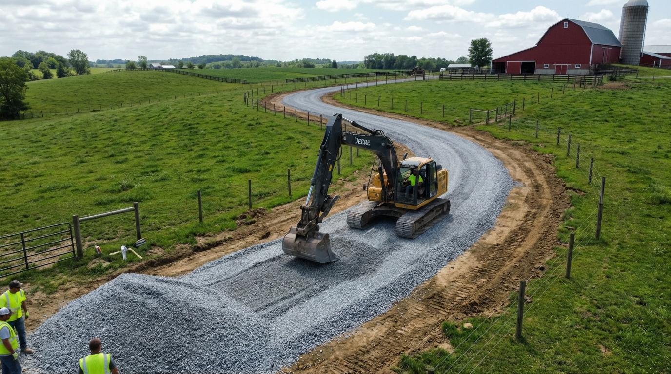 Excavator building a gravel driveway through green Ohio farmland