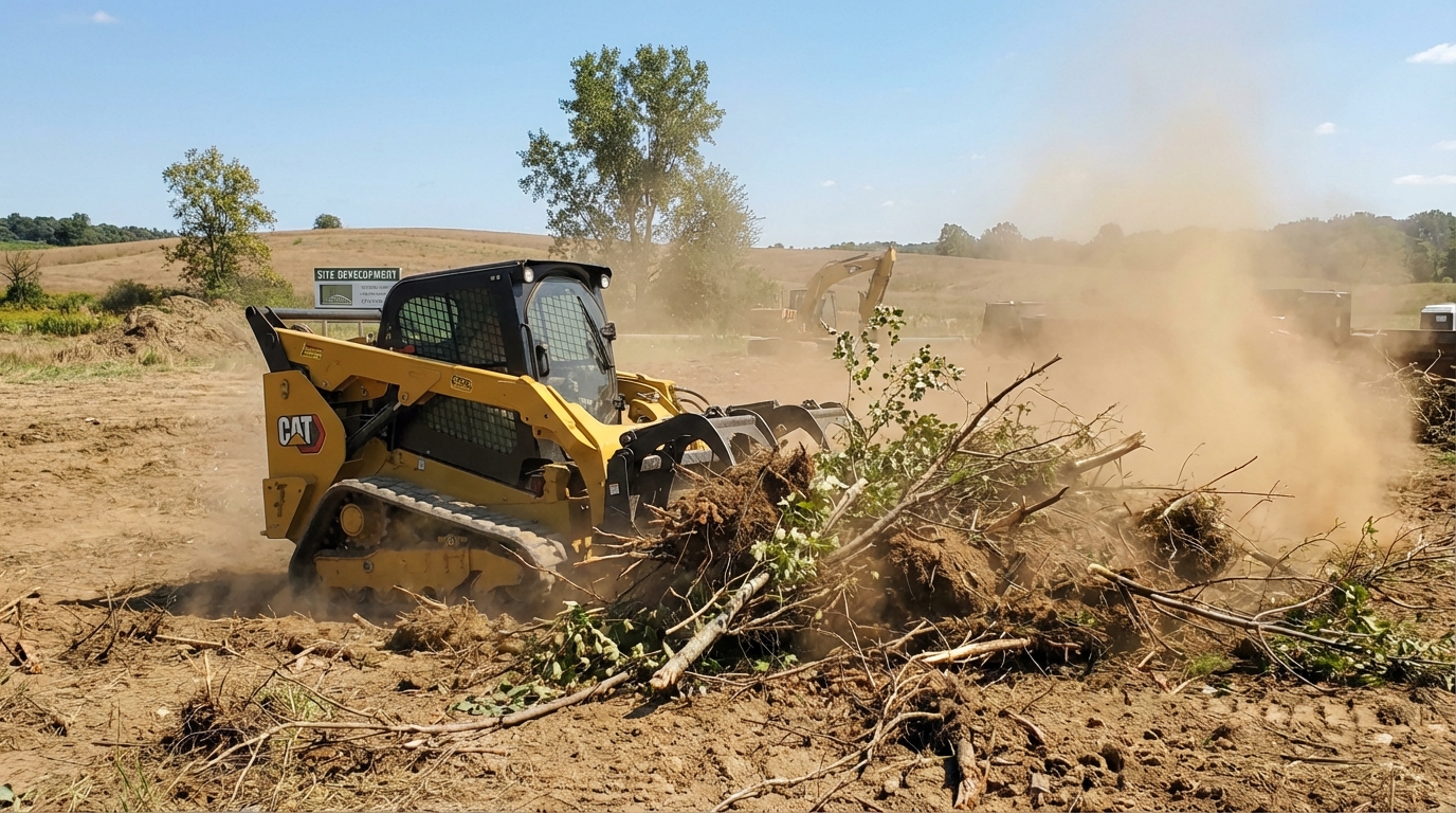 Track loader clearing brush and vegetation on a rural Ohio property