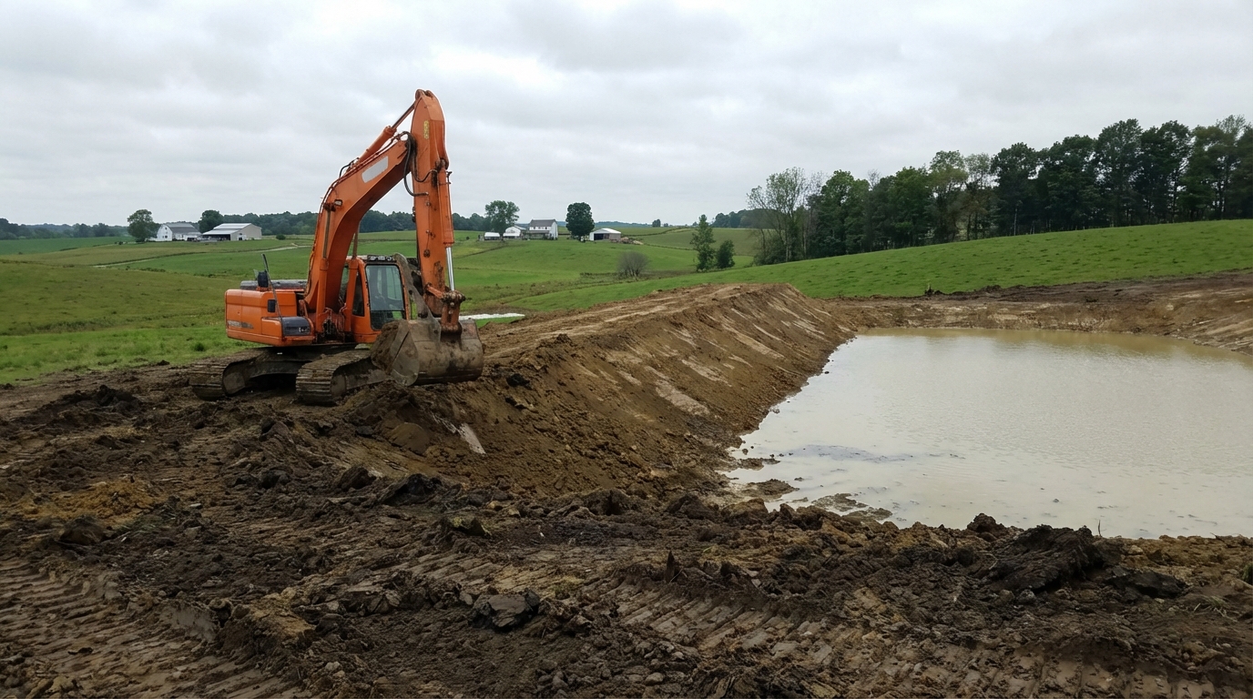 Excavator digging a new farm pond on a rural Ohio property