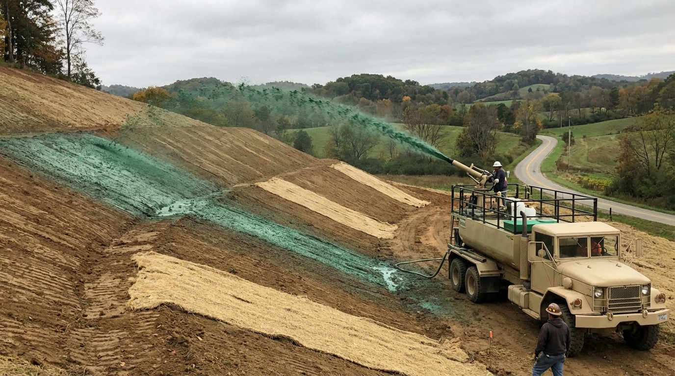 Hydroseeding truck spraying seed mixture on a graded hillside in Ohio