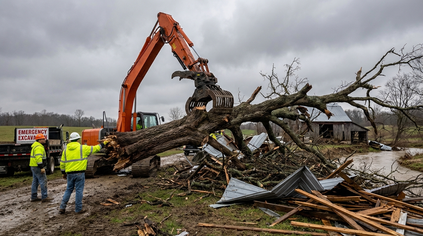 Excavator clearing storm debris and fallen trees from a property